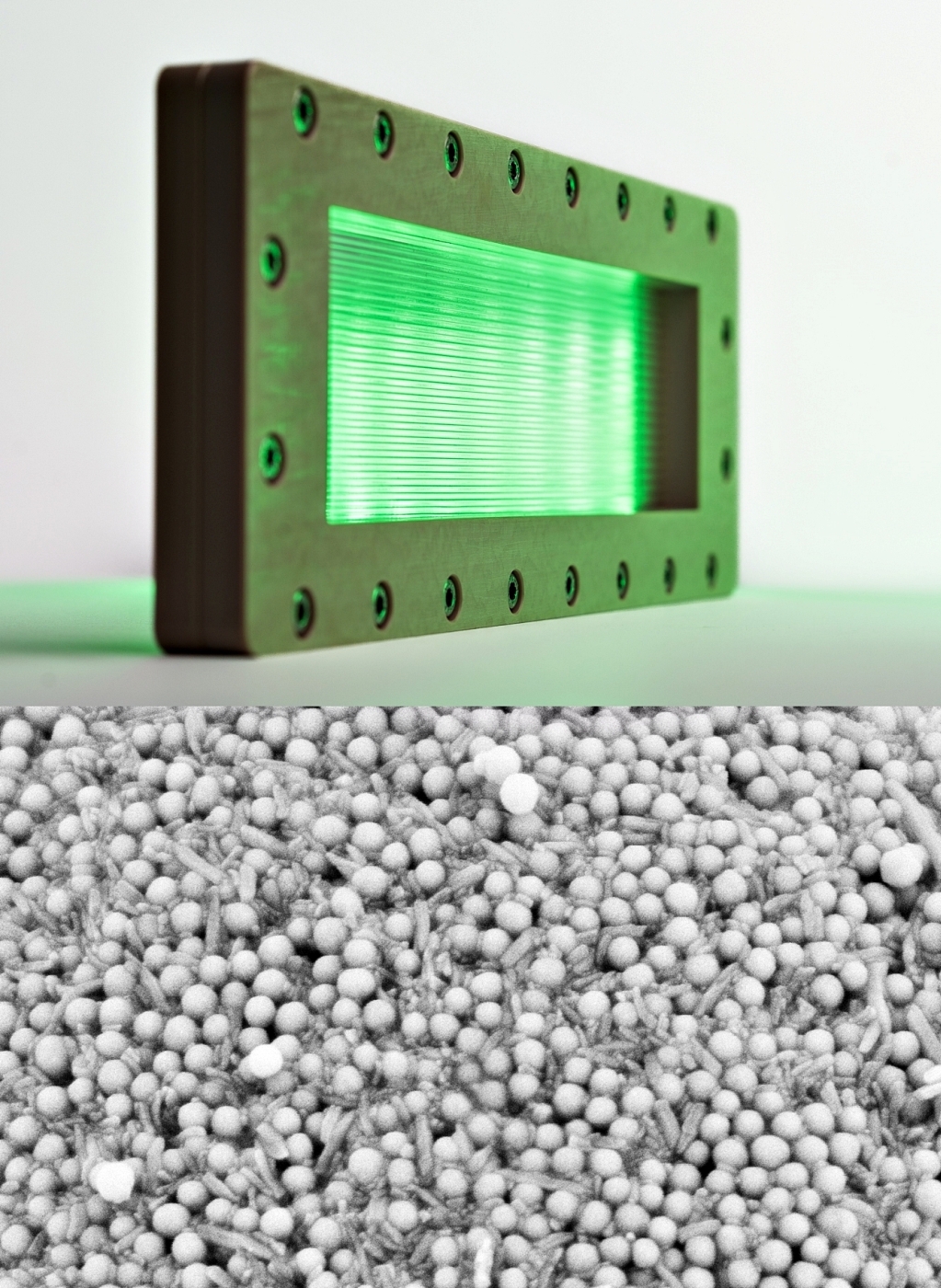 The catalysts required for synthesis are immobilized on transparent films (top) or used as catalyst particles (bottom). The electron micrograph shows a section of a particle with the carrier particles for enzymes and photocatalysts. Their size is in the nanometer range.